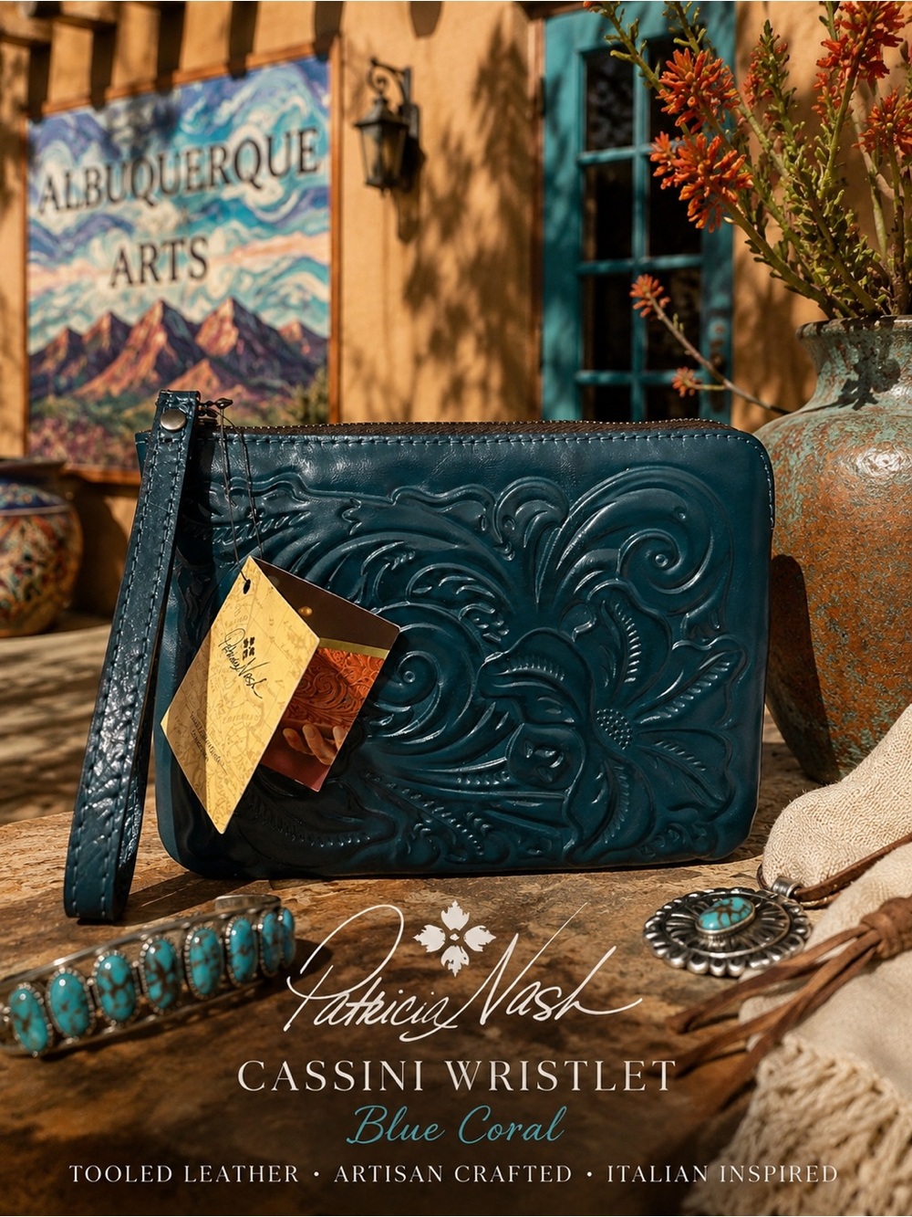 Patricia Nash Teal Embossed Cassini Clutch Wristlet in Blue Coral NWT $79